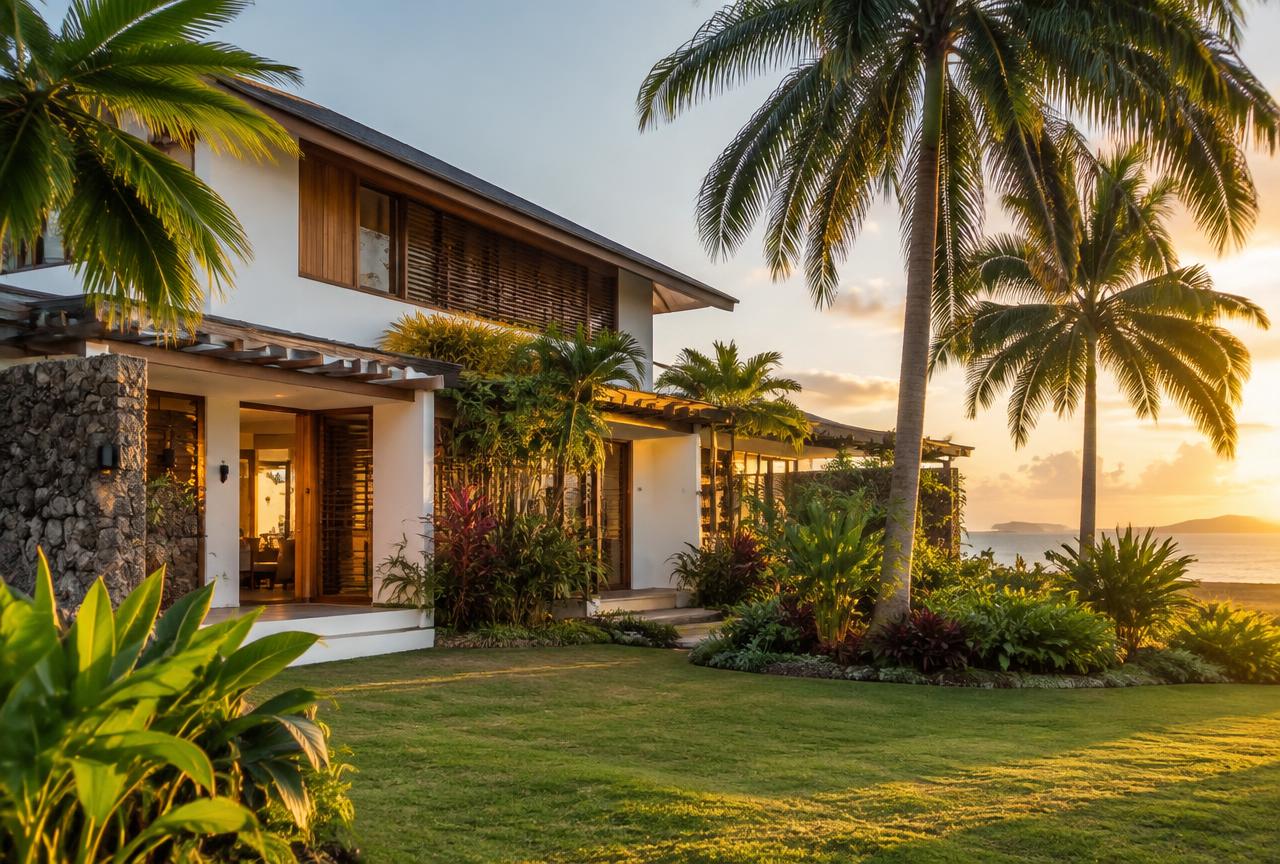 Modern tropical home with palm trees and garden at sunset